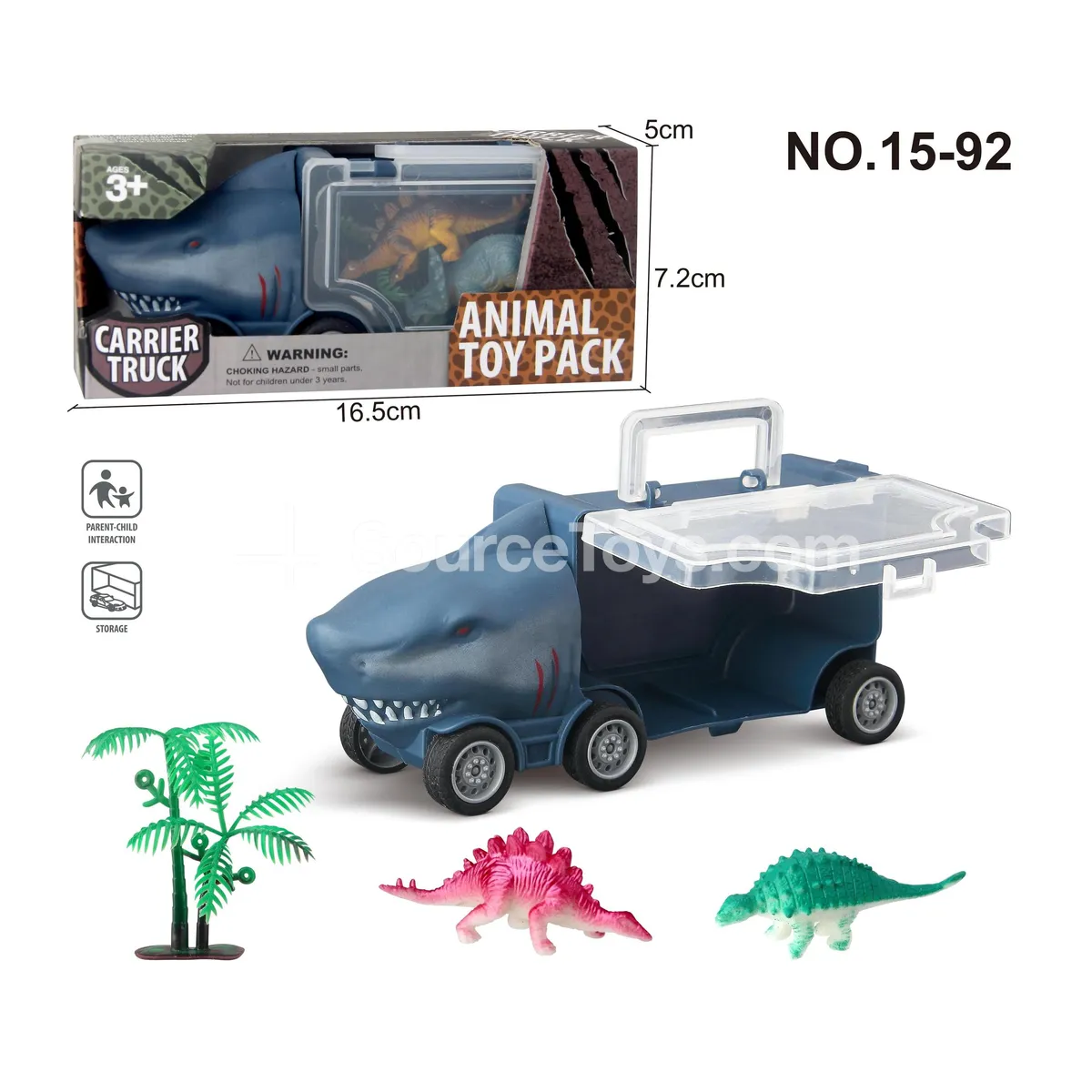 Small Shark Storage Truck with 2 Dinosaurs and 1 Tree