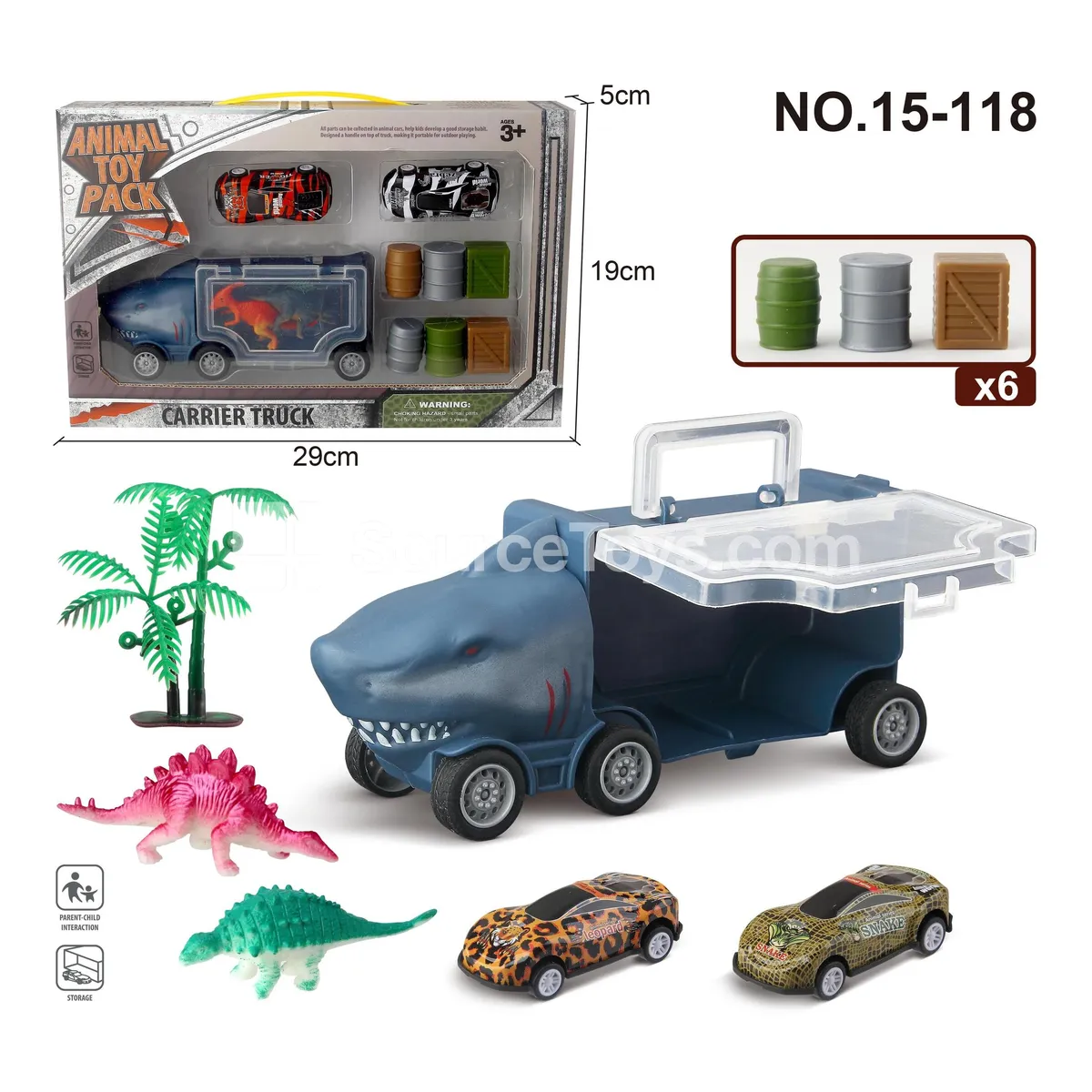 Shark Storage Truck with 2 Tin Cars, 2 Dinosaurs, 1 Tree, and 6 Accessories
