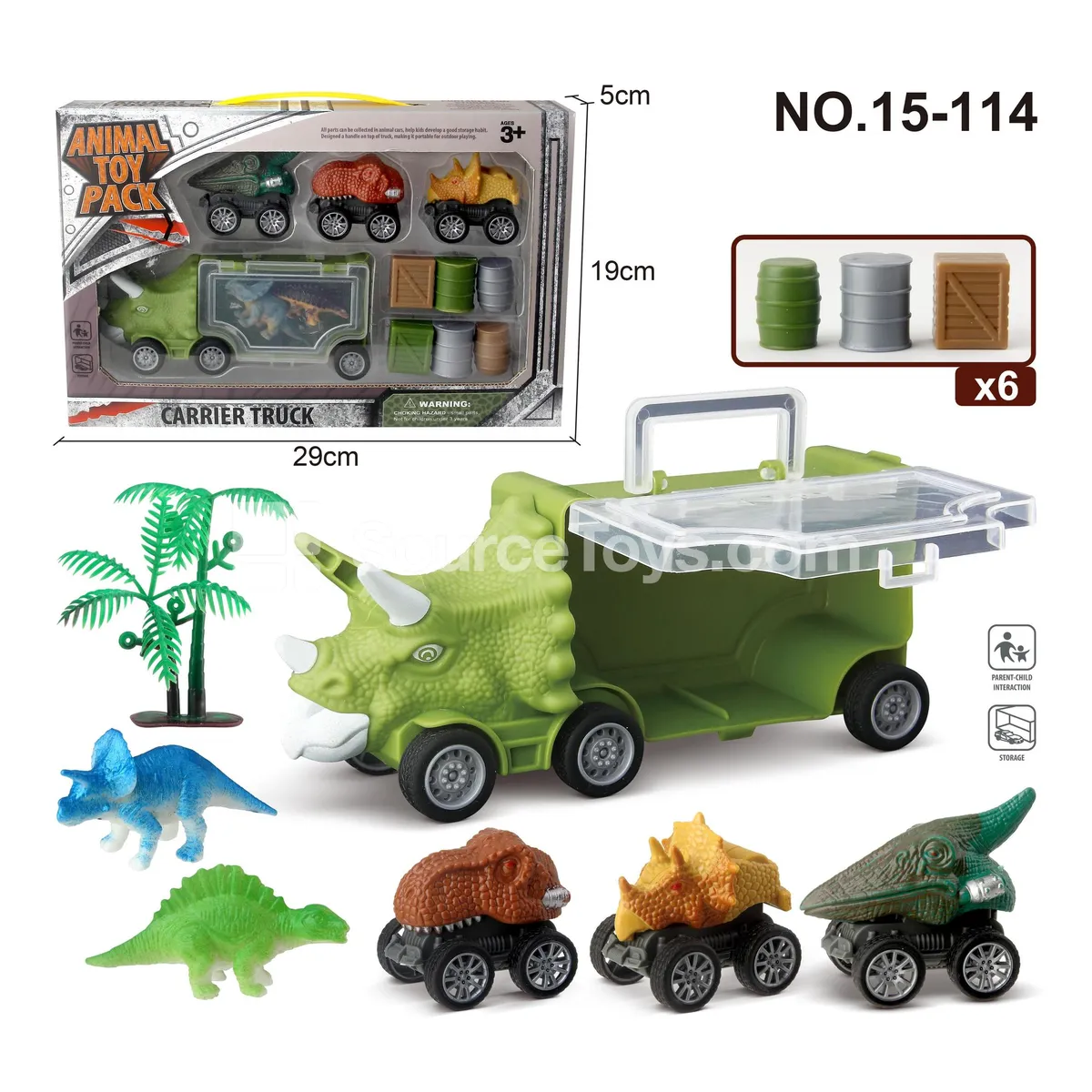 Dinosaur Car Set with Triceratops Storage Car, 3 Dinosaur Cars, 2 Dinosaurs, 1 Tree, and 6 Accessories