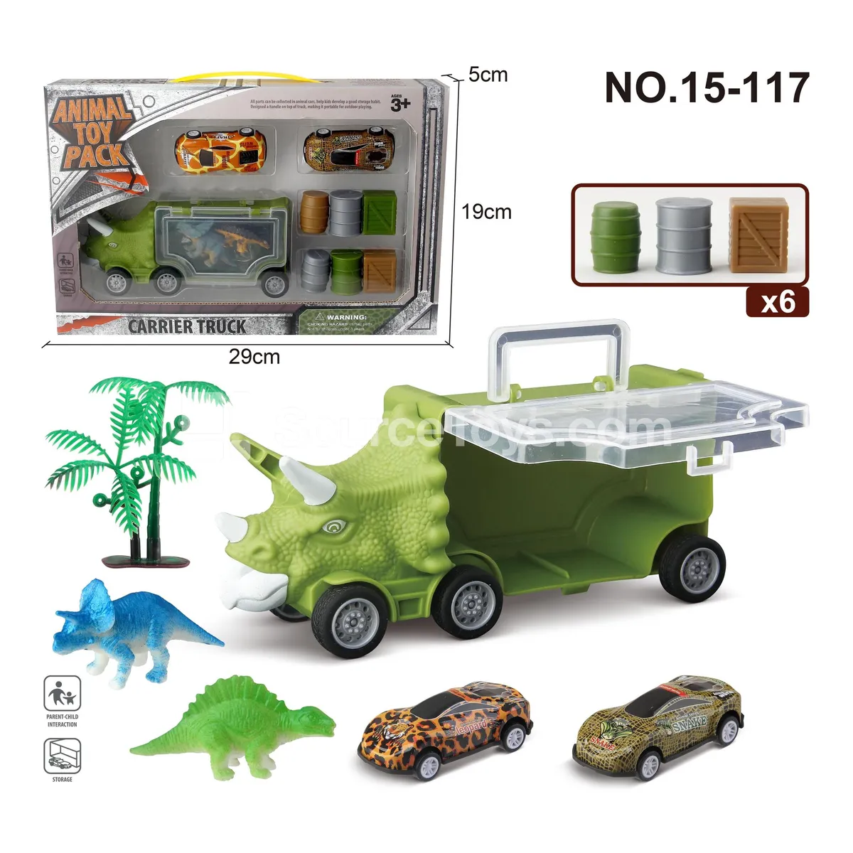 Dinosaur Car Storage Vehicle with 2 Tin Cars, 2 Dinosaurs, 1 Tree, 6 Accessories Dinosaur Car Storage Vehicle with 2 Tin Cars, 2 Dinosaurs, 1 Tree, 6 Accessories