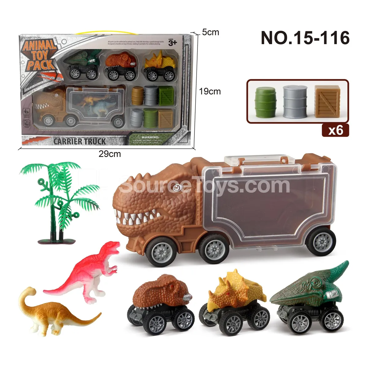 T-Rex Dinosaur Storage Truck with 3 Dinosaur Cars, 2 Dinosaurs, 1 Tree, 6 Accessories