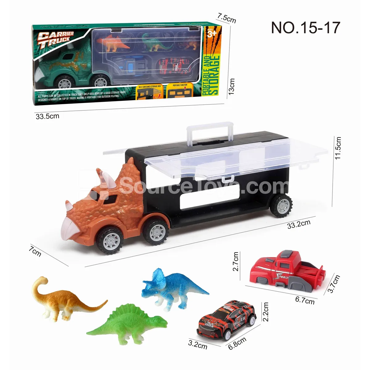 Triceratops Storage Truck with 3 Dinosaur Figures, 1 Launcher & 1 Tin Toy Car Triceratops Storage Truck with 3 Dinosaur Figures, 1 Launcher & 1 Tin Toy Car