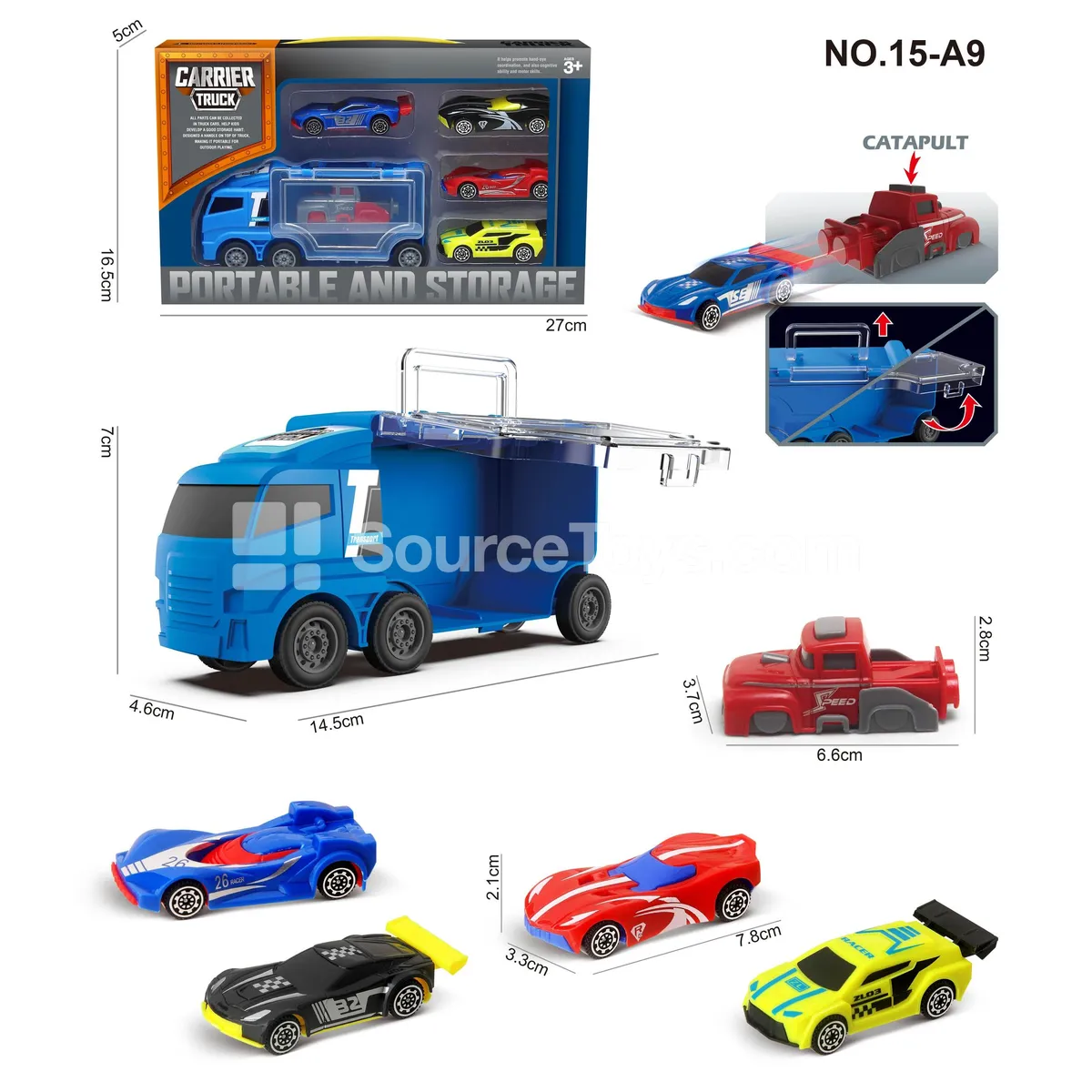 Blue Square-Head Storage Car with 4 AB Cars & Launcher