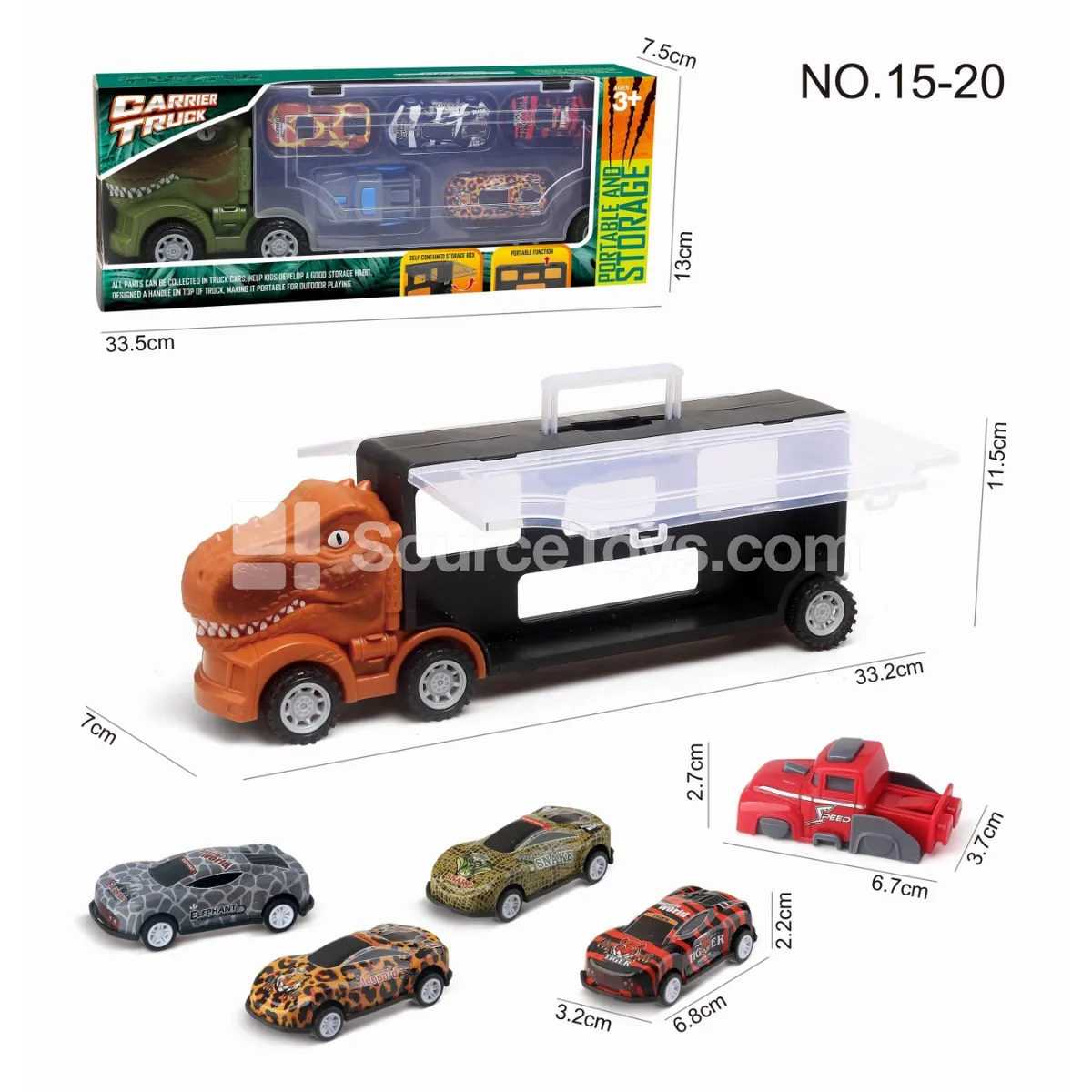 Tyrannosaurus Rex Storage Truck with 1 Launcher & 4 Metal Cars Tyrannosaurus Rex Storage Truck with 1 Launcher & 4 Metal Cars