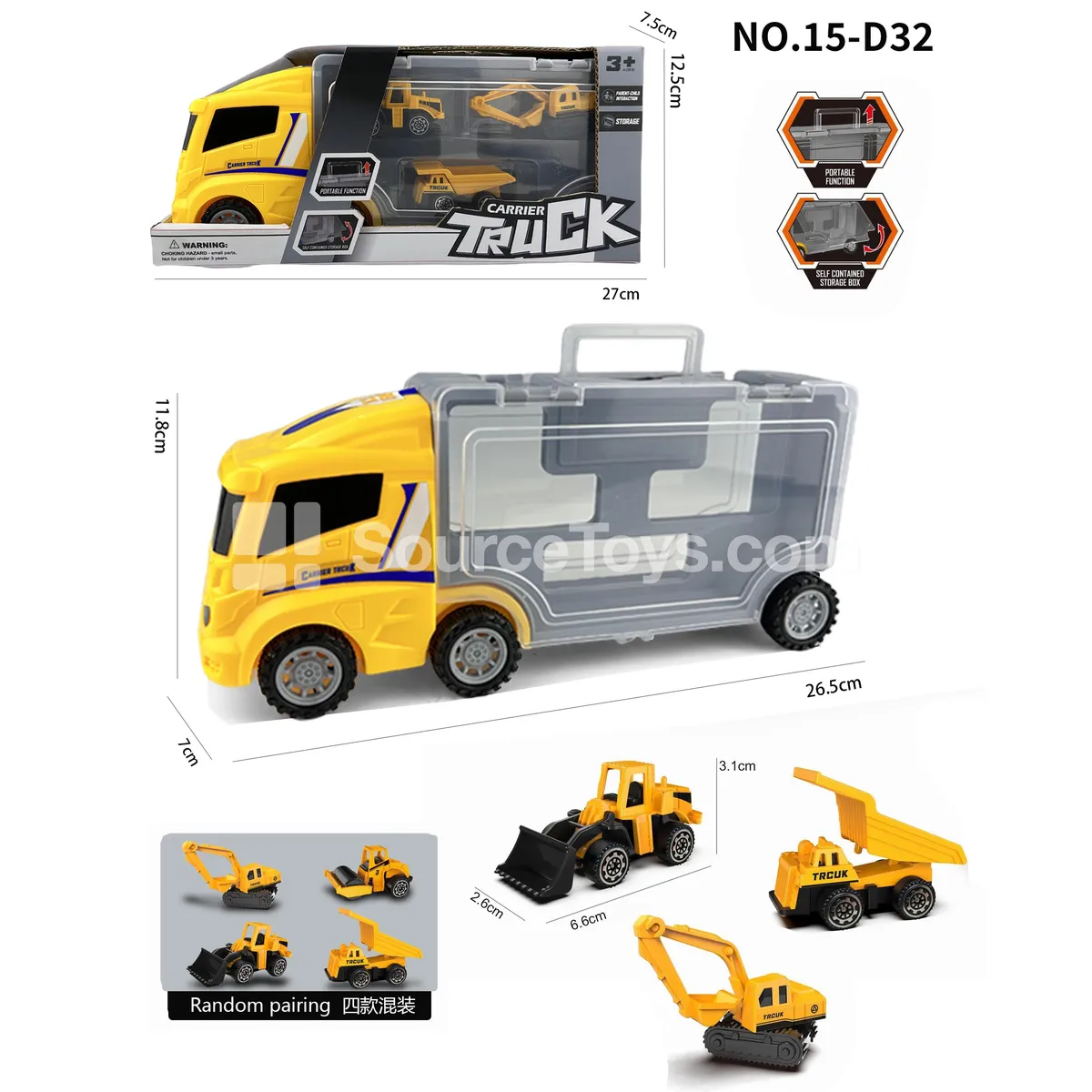 Square Storage Truck with 3 Construction Vehicles Square Storage Truck with 3 Construction Vehicles