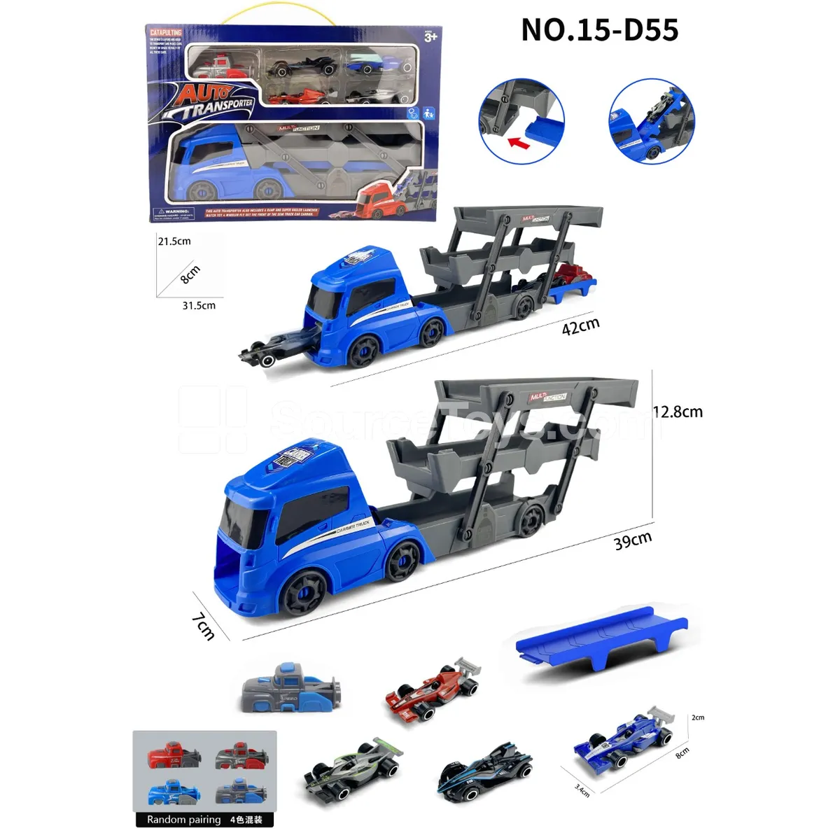 Square-Head Folding Car with 4 F1 Cars & 1 Launcher