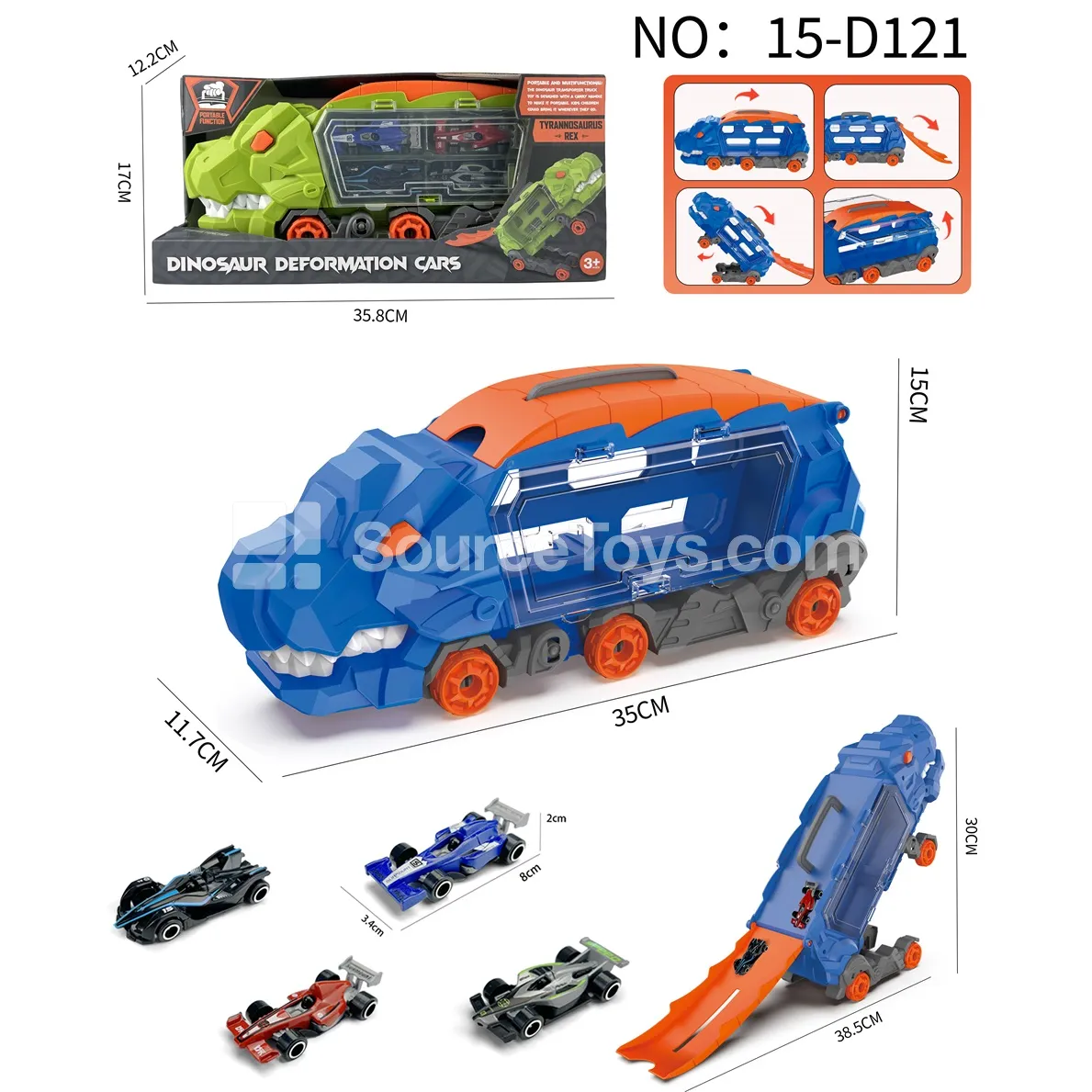 Tyrannosaurus Transforming Storage Vehicle + 4 F1 Cars Tyrannosaurus Transforming Storage Vehicle + 4 F1 Cars