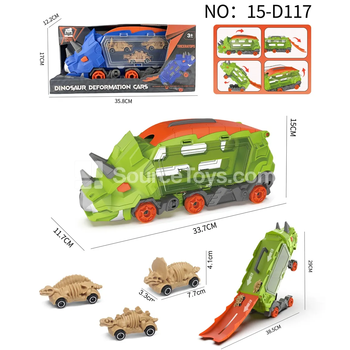 Triceratops Transforming Storage Truck with 3 Skeleton Dinosaur Cars