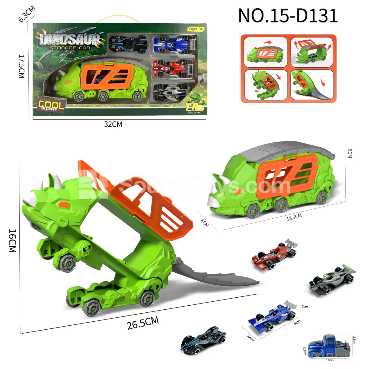 Triceratops Transforming Storage Car with 4 F1 Cars and 1 Launcher