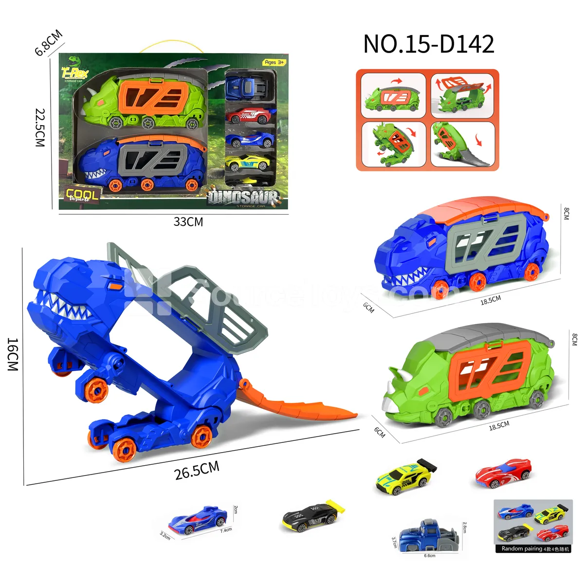 Transforming Dinosaur Storage Car & Triceratops Car with 4 Cars & 1 Launcher