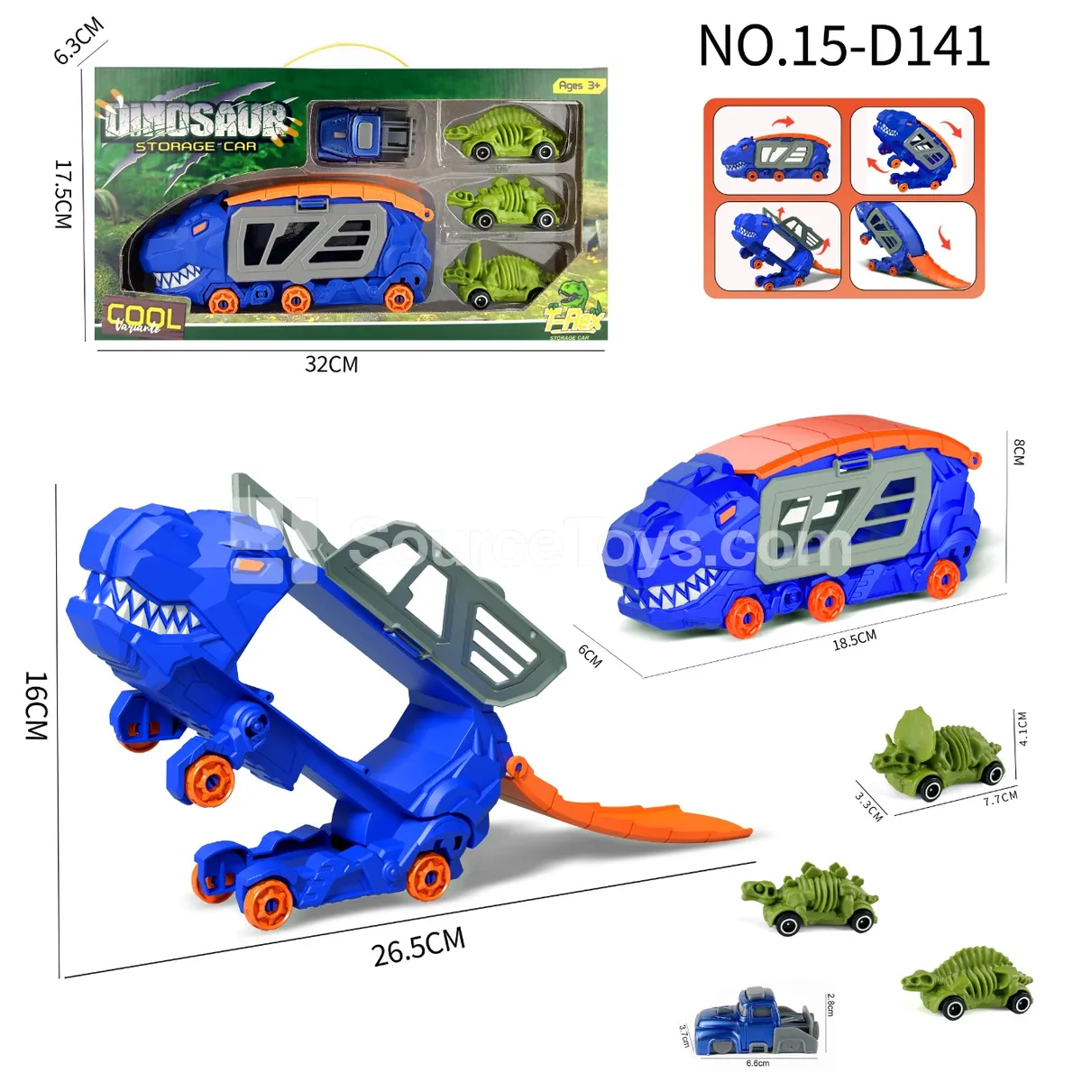 T-Rex Transforming Storage Vehicle with 3 Skeleton Dinosaur Cars & 1 Launcher T-Rex Transforming Storage Vehicle with 3 Skeleton Dinosaur Cars & 1 Launcher