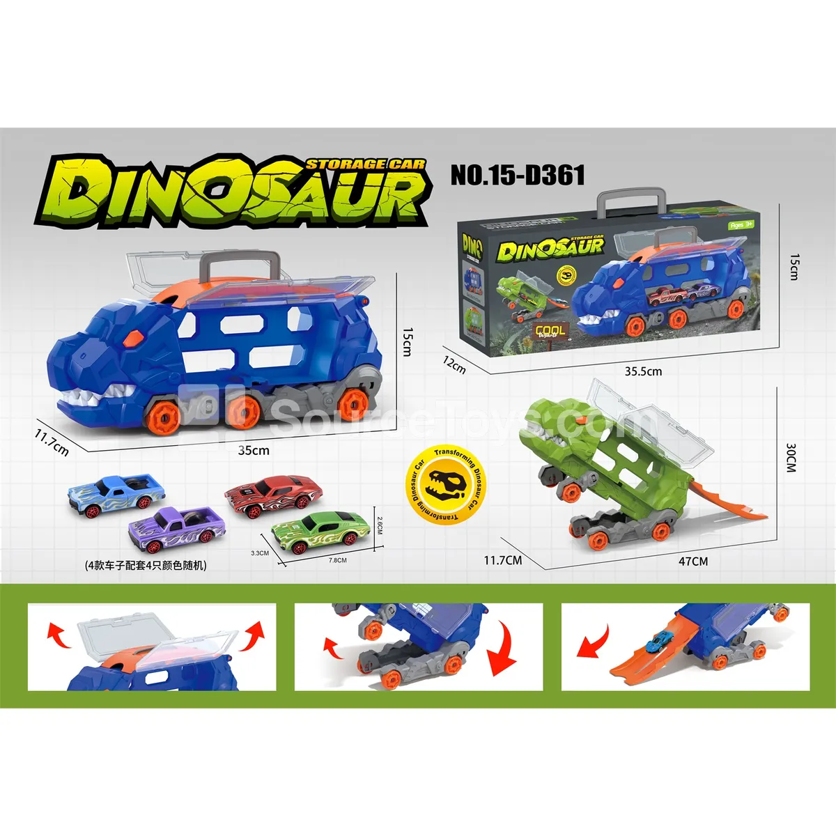 Tyrannosaurus Transforming Storage Vehicle with 4 Muscle Cars Tyrannosaurus Transforming Storage Vehicle with 4 Muscle Cars