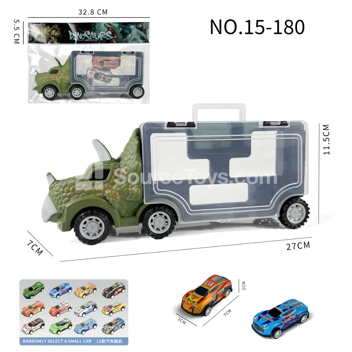 Triceratops Storage Car with 2 Friction-Powered Tin Cars Triceratops Storage Car with 2 Friction-Powered Tin Cars