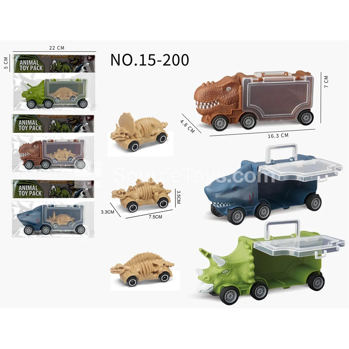 Mini Triceratops + Mini Shark + Storage Truck + 1 Skeleton Dinosaur Car Mini Triceratops + Mini Shark + Storage Truck + 1 Skeleton Dinosaur Car