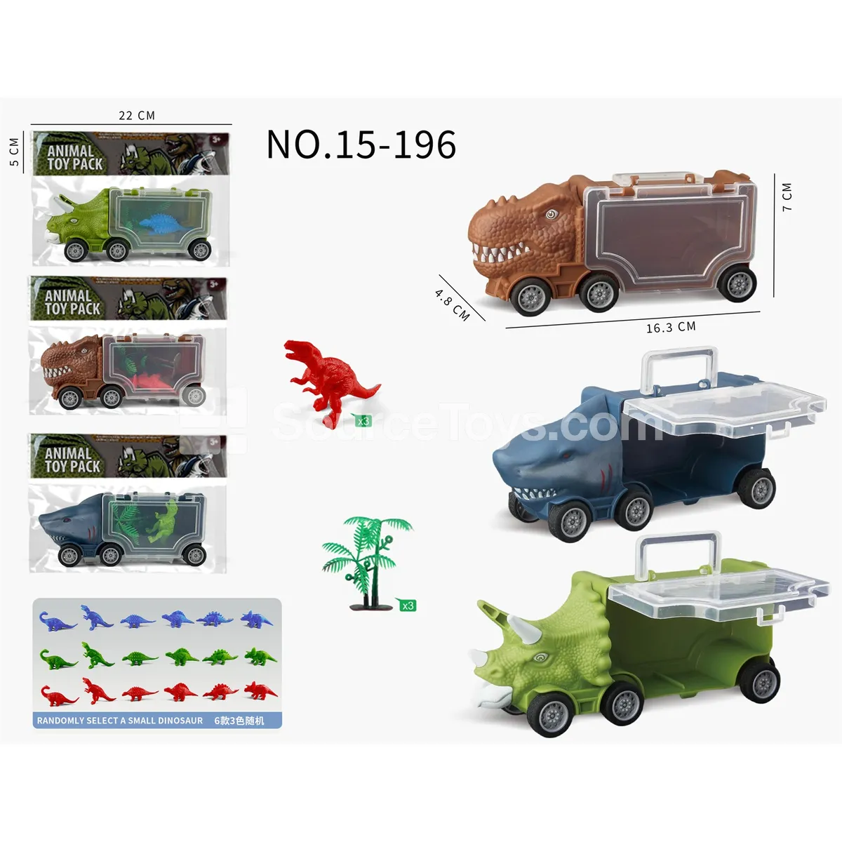 Mini Triceratops + Mini Shark + Tyrannosaurus Storage Car + 1 Dinosaur Toy + 1 Tree Mini Triceratops + Mini Shark + Tyrannosaurus Storage Car + 1 Dinosaur Toy + 1 Tree
