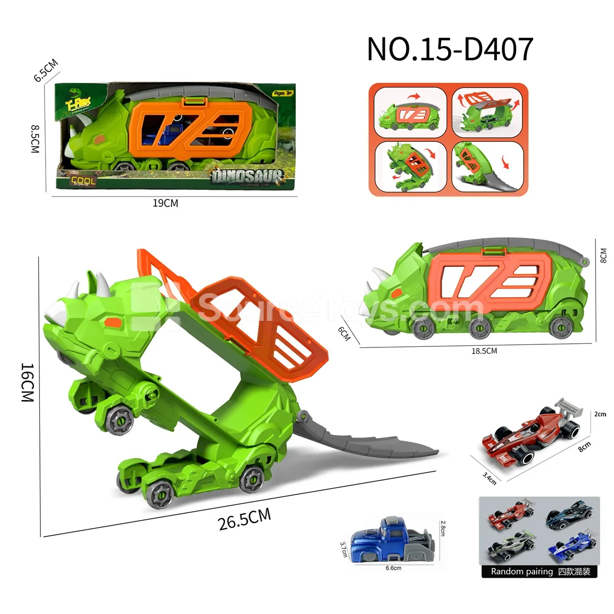 Mini Triceratops Transforming Storage Car with 1 F1 Car & 1 Launcher Mini Triceratops Transforming Storage Car with 1 F1 Car & 1 Launcher