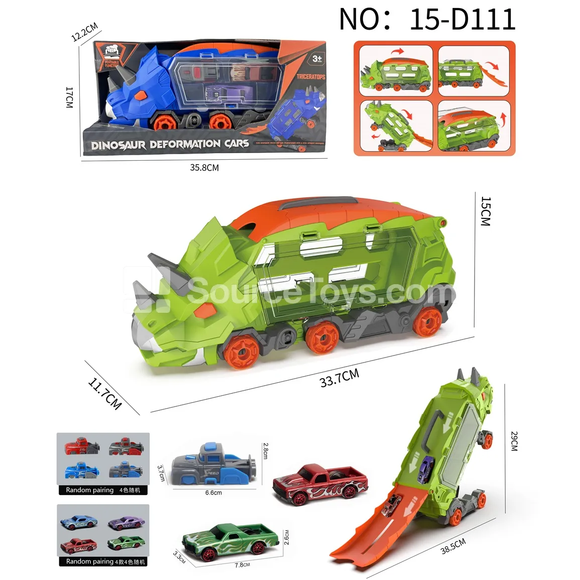 Triceratops Transforming Storage Vehicle with 2 Muscle Cars and 1 Launcher Triceratops Transforming Storage Vehicle with 2 Muscle Cars and 1 Launcher