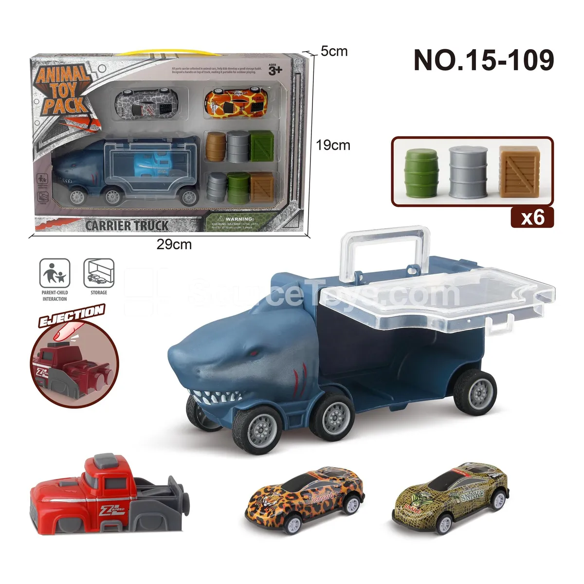 Shark Storage Truck with 2 Tin Cars, 1 Launcher, 6 Accessories Shark Storage Truck with 2 Tin Cars, 1 Launcher, 6 Accessories