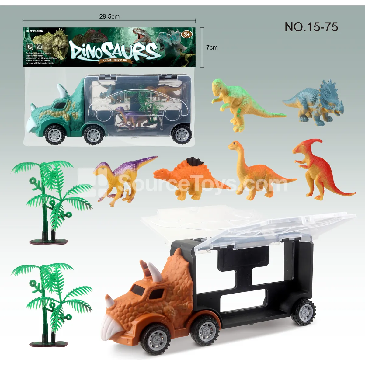 Dinosaur Vehicle Storage Truck with 6 Dinosaur Figures and 2 Trees (Double-Sided) Dinosaur Vehicle Storage Truck with 6 Dinosaur Figures and 2 Trees (Double-Sided)