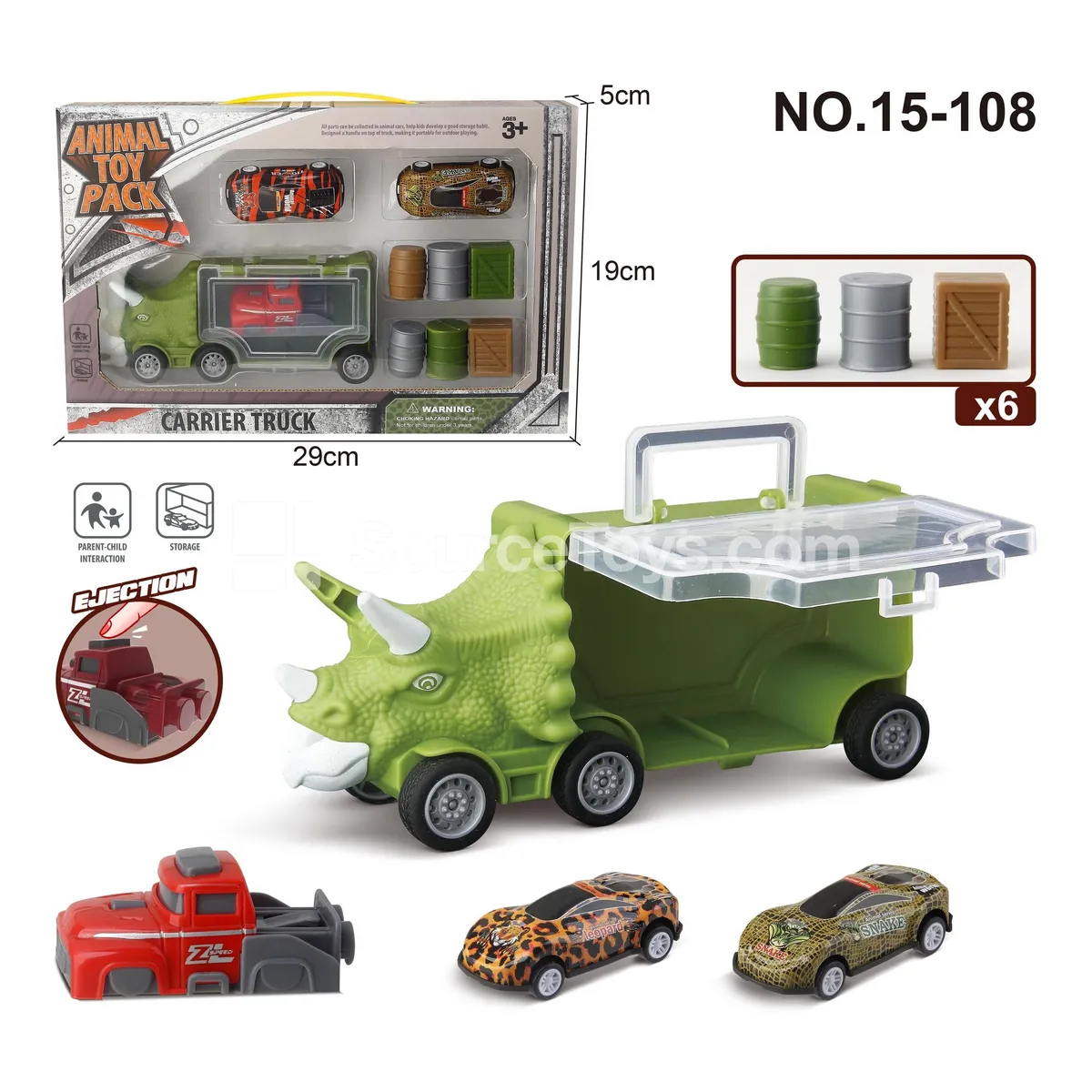 Dinosaur Car Storage Vehicle with 2 Tin Cars, 1 Launcher & 6 Accessories Dinosaur Car Storage Vehicle with 2 Tin Cars, 1 Launcher & 6 Accessories