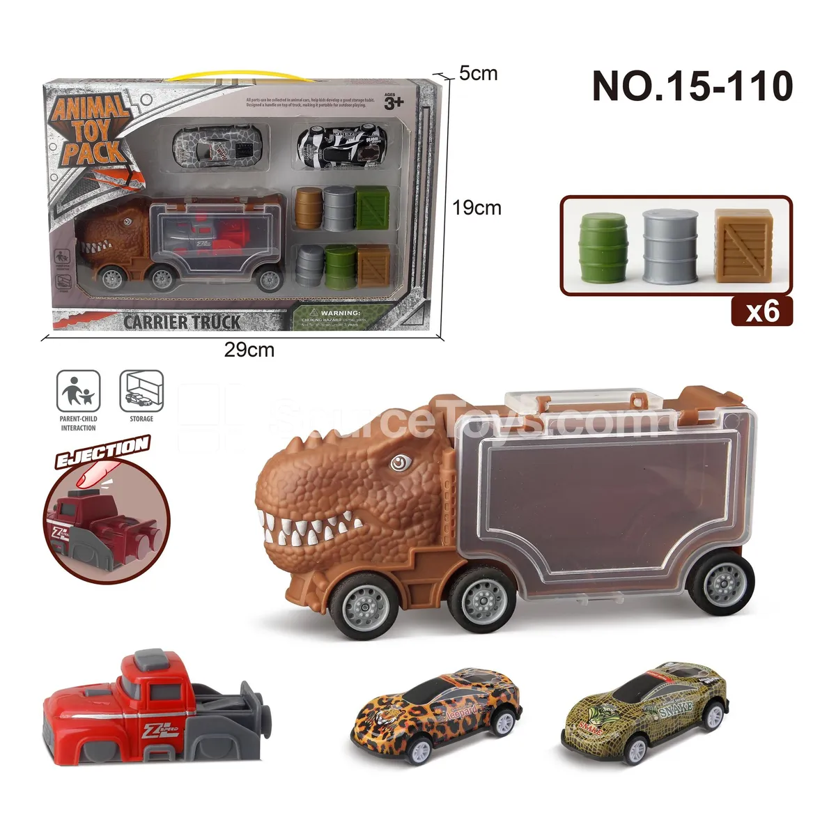 T-Rex Storage Truck with 2 Tin Cars, 1 Launcher, 6 Accessories T-Rex Storage Truck with 2 Tin Cars, 1 Launcher, 6 Accessories