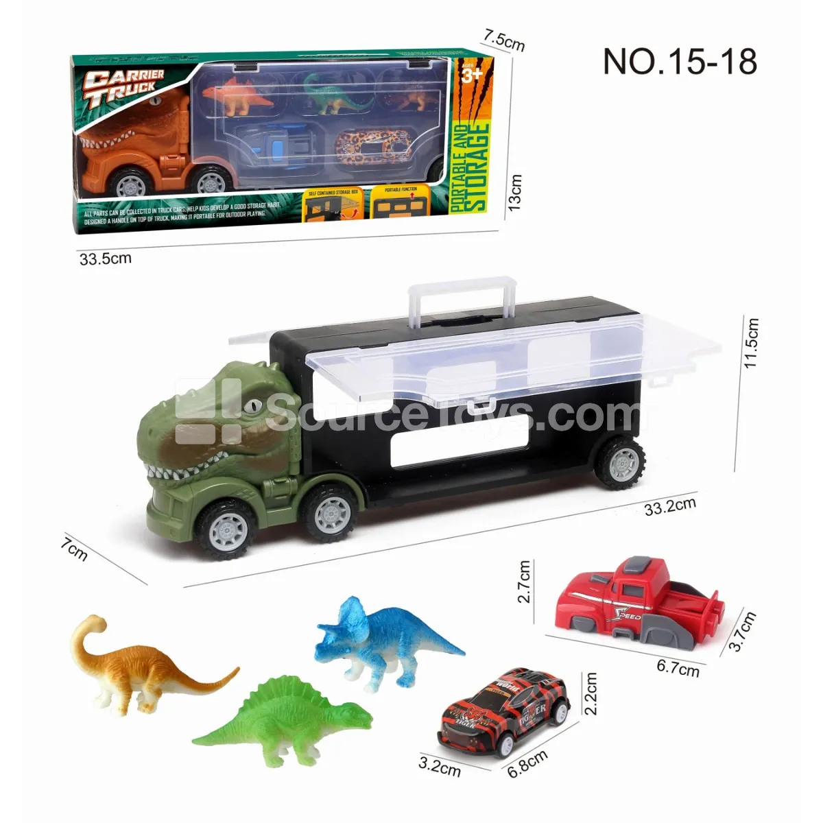 T-Rex Storage Truck with 3 Dinosaur Figures, 1 Launcher, 1 Tin Car T-Rex Storage Truck with 3 Dinosaur Figures, 1 Launcher, 1 Tin Car