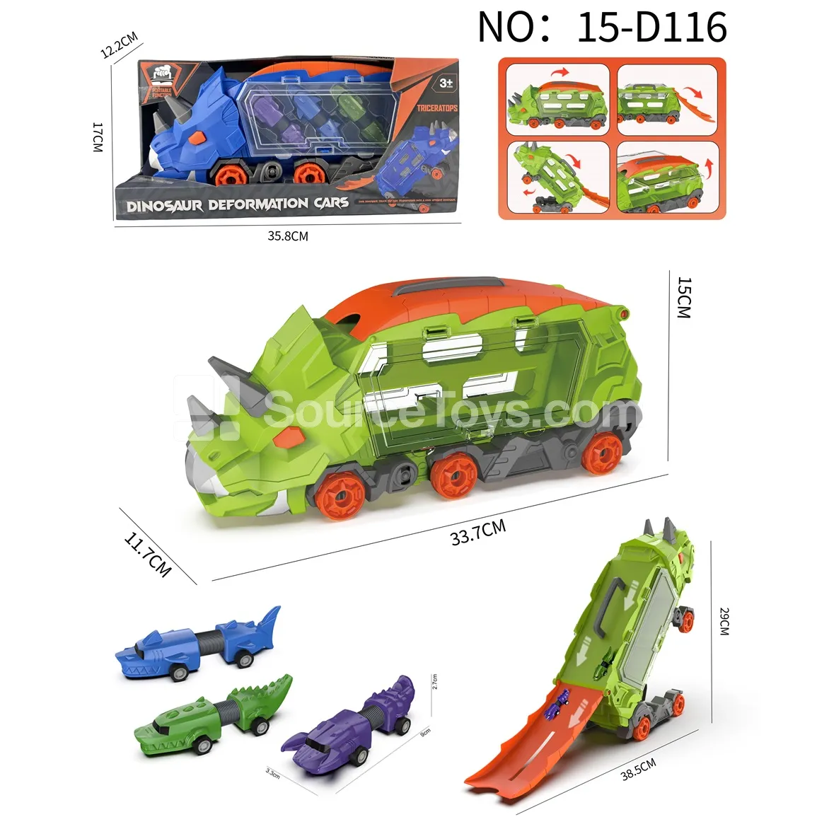 Triceratops Transforming Storage Car with 3 Pull-Back Stretch Cars Triceratops Transforming Storage Car with 3 Pull-Back Stretch Cars