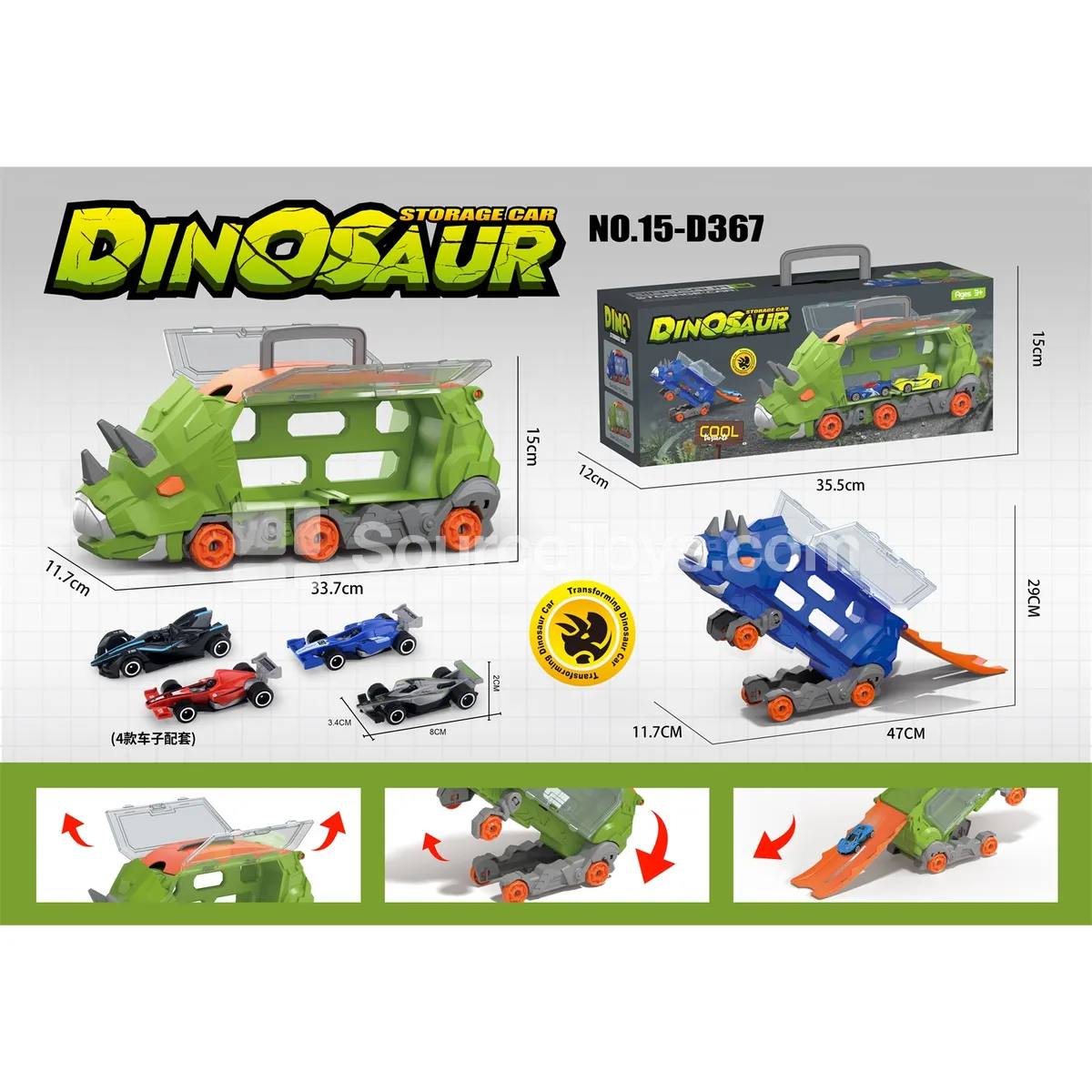 Triceratops Transforming Storage Vehicle with 4 F1 Cars Triceratops Transforming Storage Vehicle with 4 F1 Cars