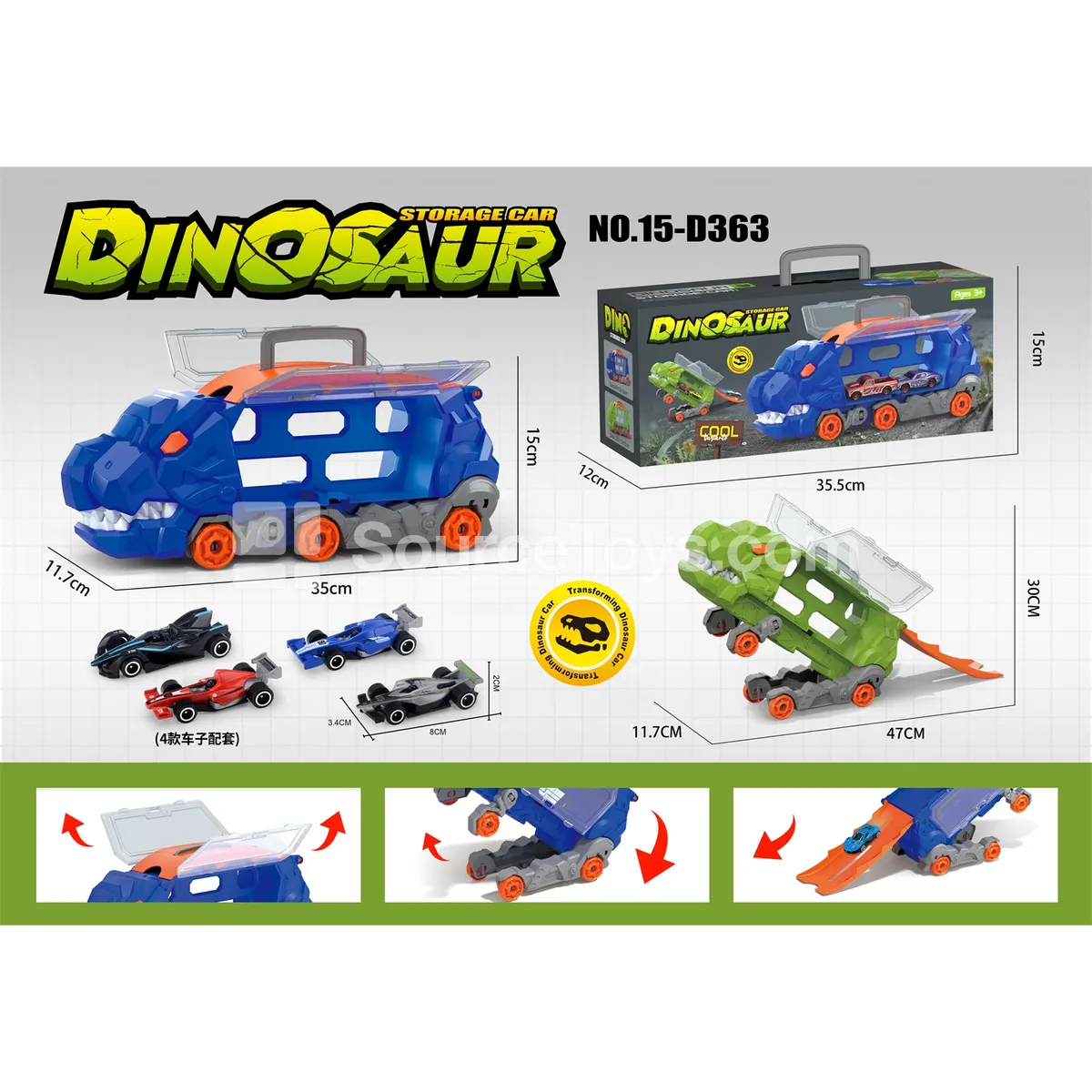 T-Rex Transforming Storage Truck & 4 F1 Cars T-Rex Transforming Storage Truck & 4 F1 Cars