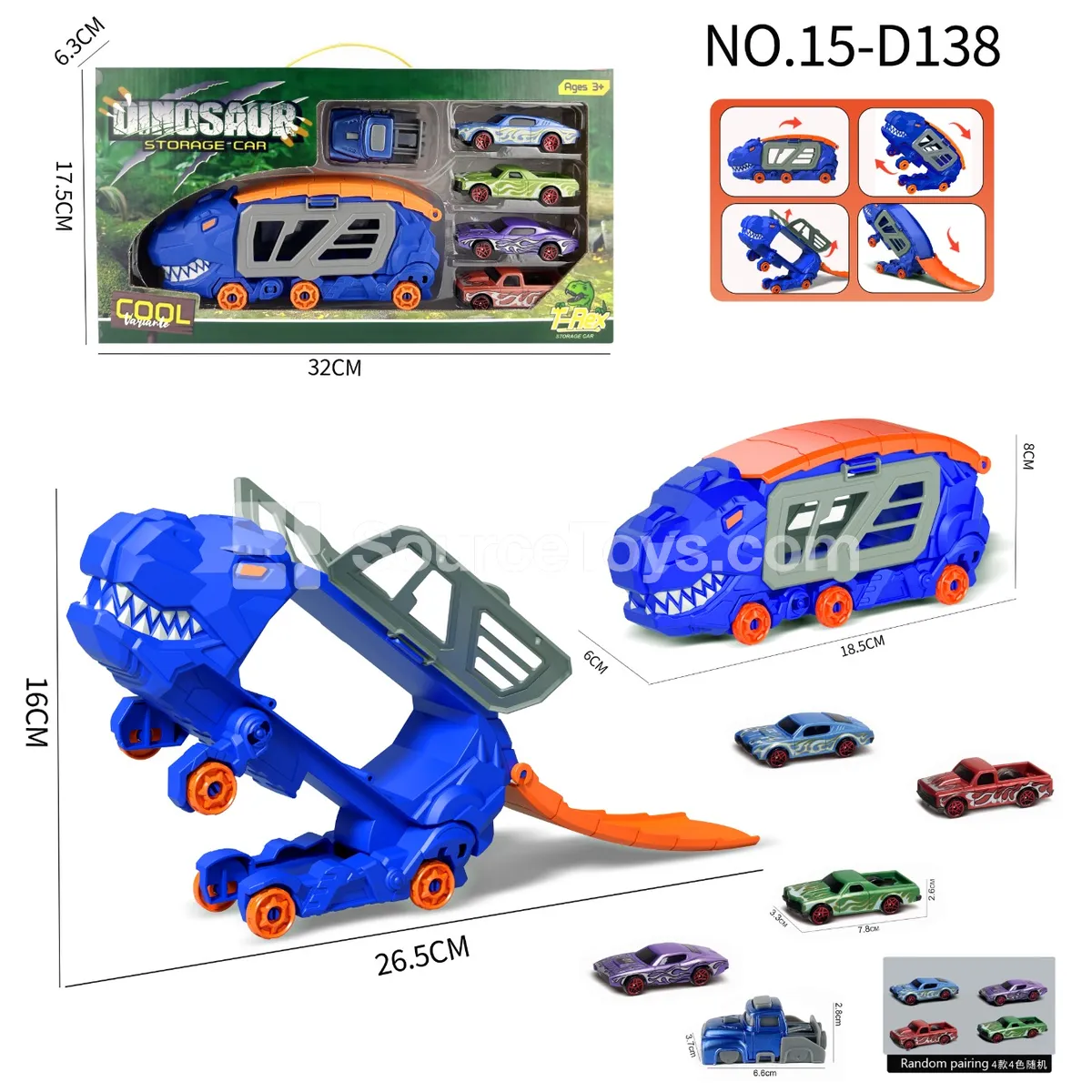 Dinosaur Transforming Storage Truck with 4 Muscle Cars & 1 Launcher Dinosaur Transforming Storage Truck with 4 Muscle Cars & 1 Launcher