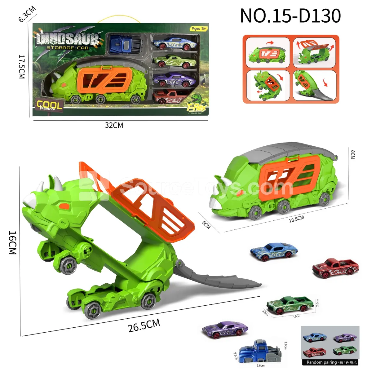 Mini Triceratops Transforming Storage Truck with 4 Muscle Cars & 1 Launcher Mini Triceratops Transforming Storage Truck with 4 Muscle Cars & 1 Launcher