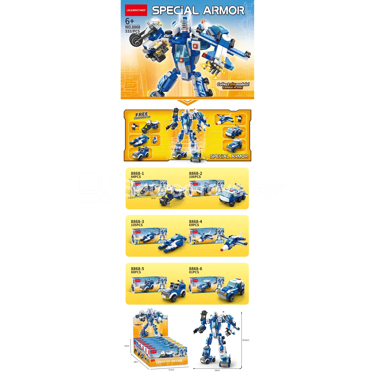 6-in-1 Police Mech Building Set 533 PCS