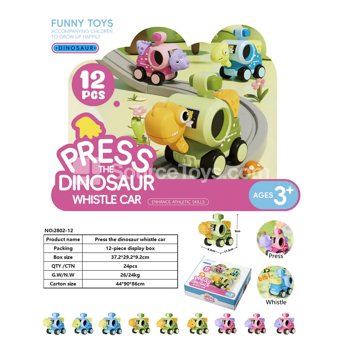 Press Dinosaur Whistle Car 12pcs Display Box Press Dinosaur Whistle Car 12pcs Display Box