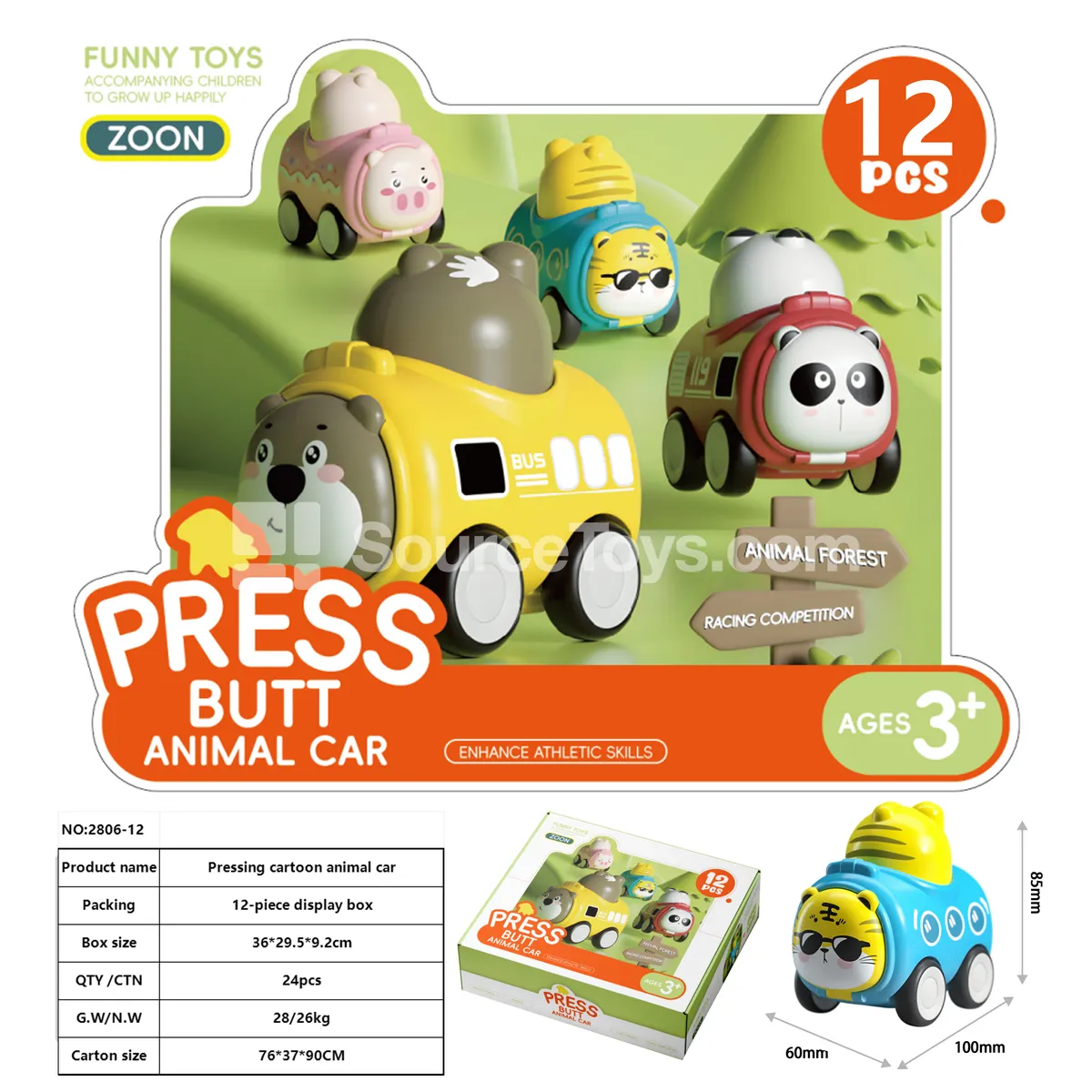 Squeeze Bottom Animal Cars 12-Pack Display Box