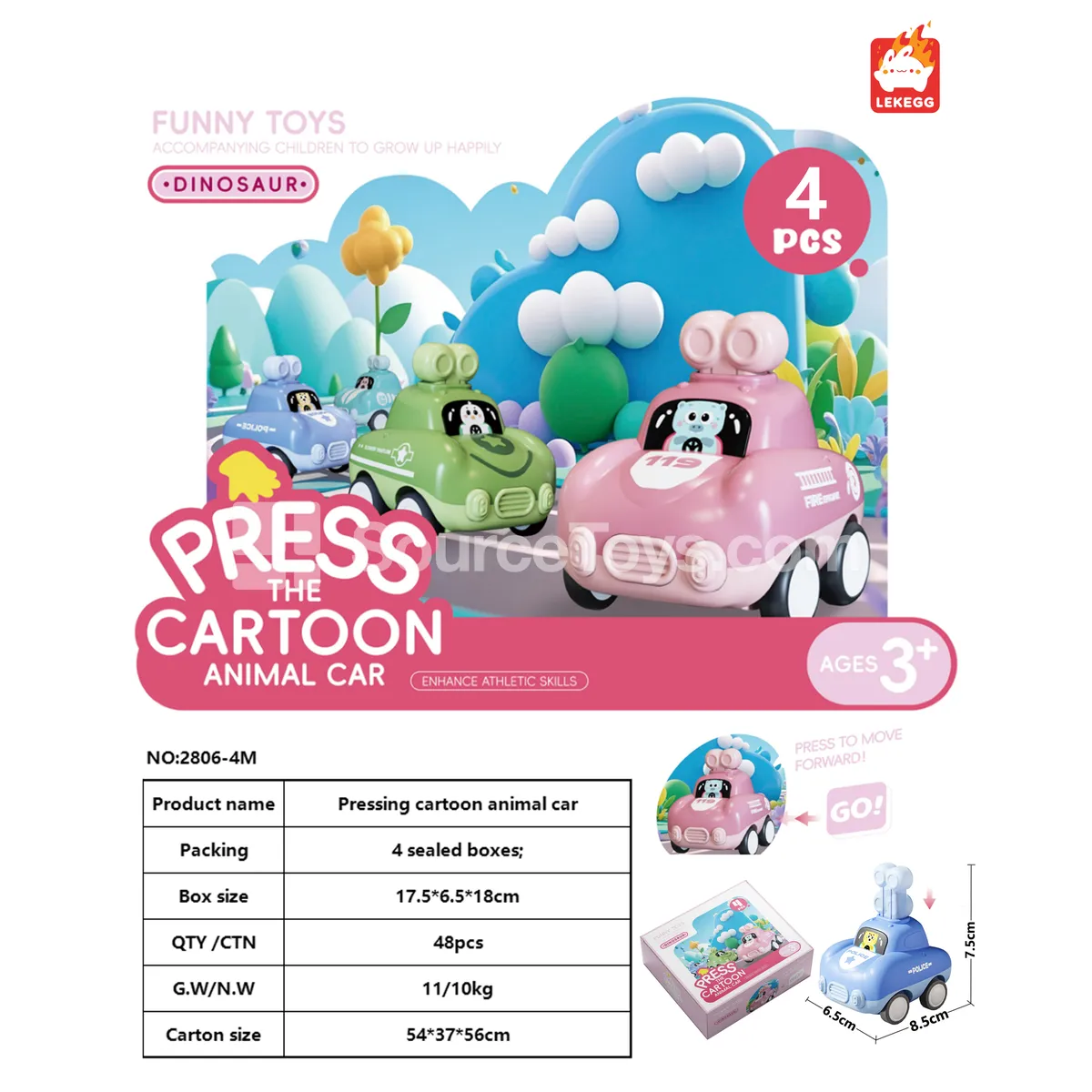 Press Cartoon Animal Cars Set of 4 with Sealed Box