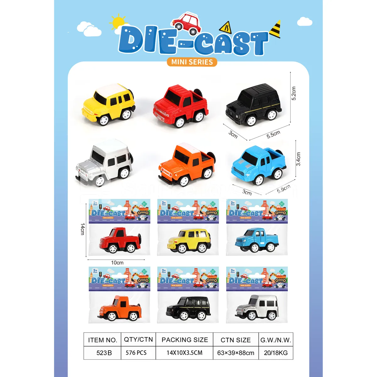 Q-Style Pull-Back Alloy Model Cars 6 Styles Carded PVC Bag