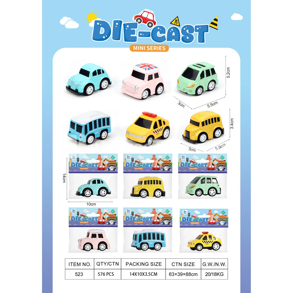 Mini Pullback Alloy City Bus, Taxi, School Bus Car 6 Styles Card Header PVC Bag Mini Pullback Alloy City Bus, Taxi, School Bus Car 6 Styles Card Header PVC Bag