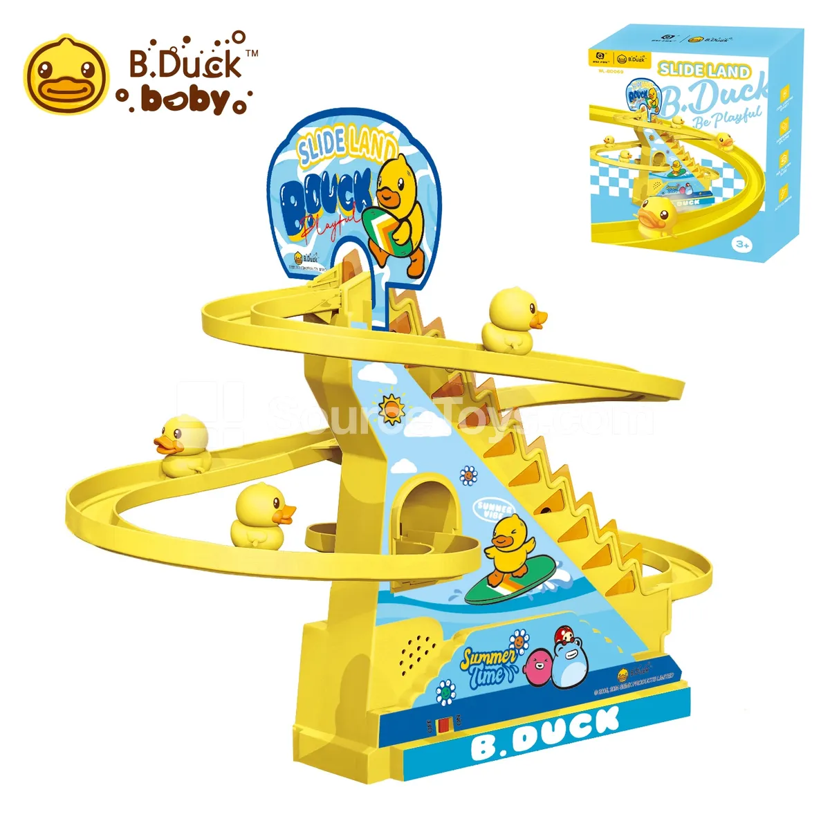 Electric Track Car with Duck Sliding Track (Summer Edition) Climbing Stairs, Sound & Light, 3 Duck Figures, Battery Not Included Electric Track Car with Duck Sliding Track (Summer Edition) Climbing Stairs, Sound & Light, 3 Duck Figures, Battery Not Included