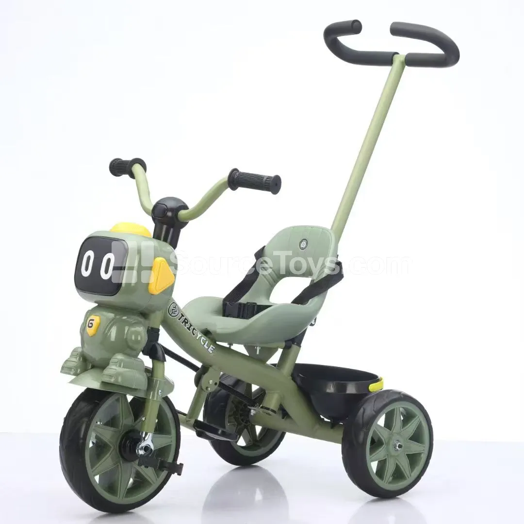 Tricycle with Cart, Push Handle, and Truck Front (Green, Blue, Pink)