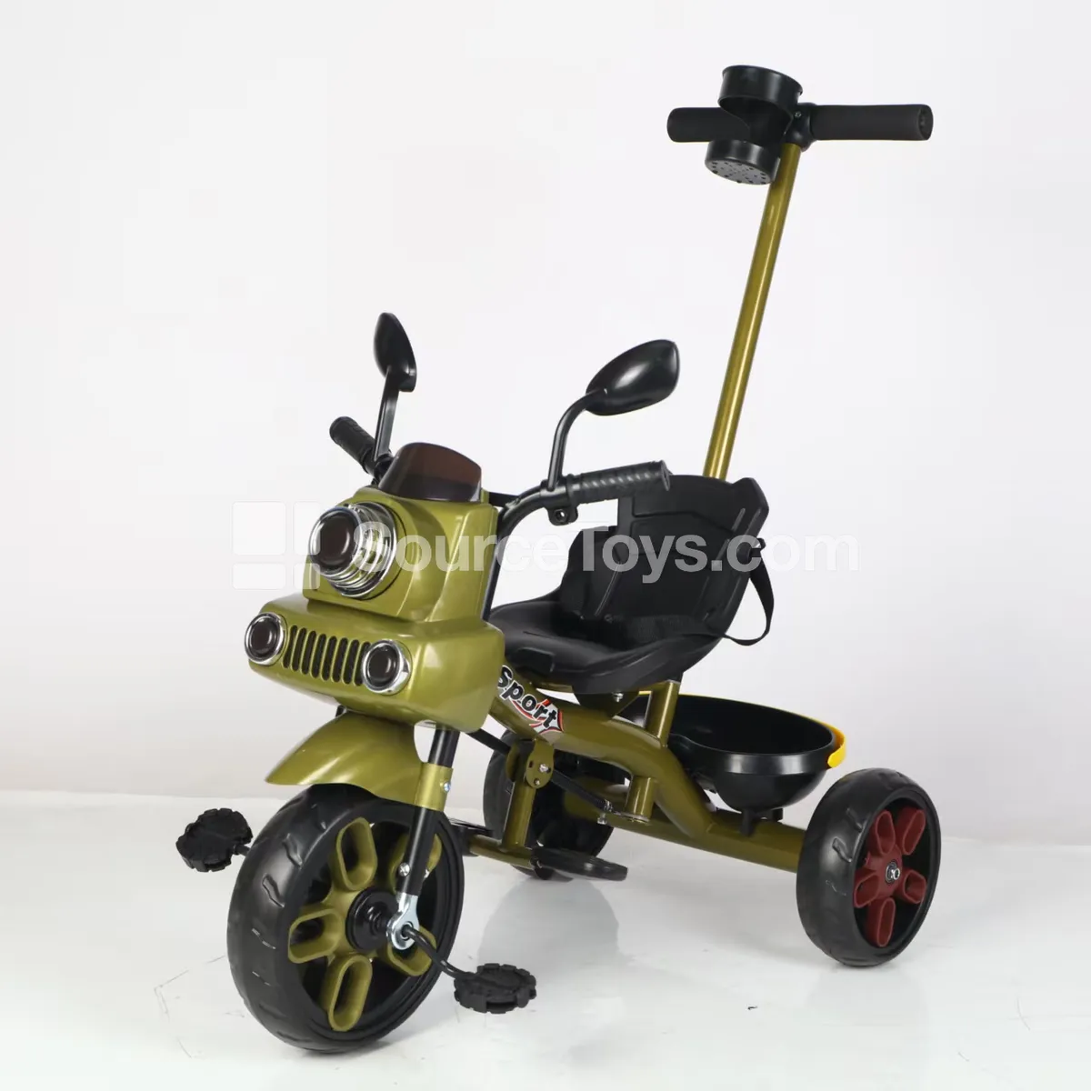 Tricycle with Push Handle and Bucket (White, Green, Wine Red)