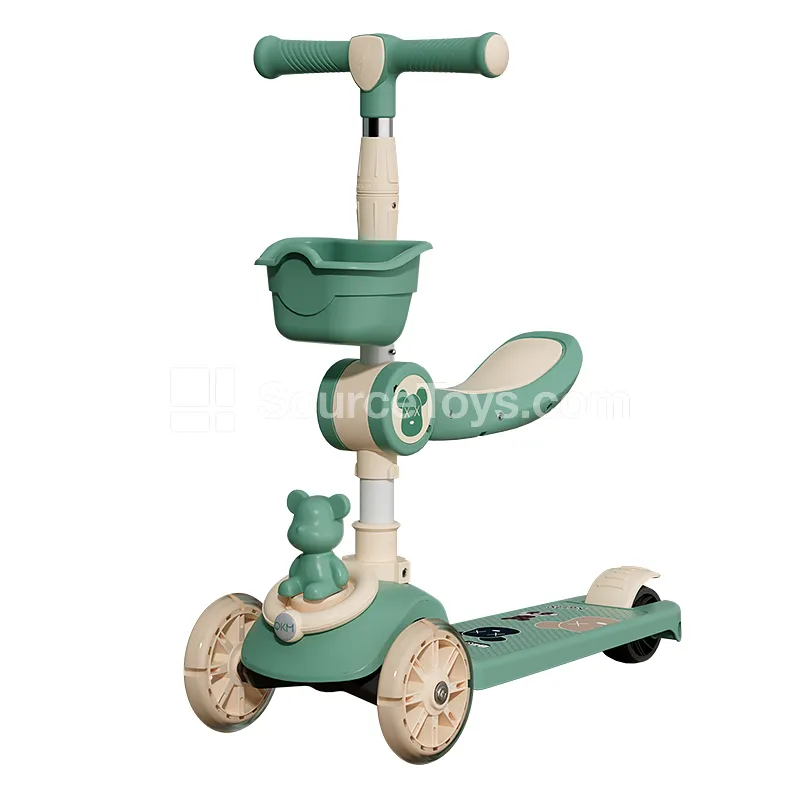 Cartoon Bear Kids Scooter with Seat and Basket (Blue, Green, Pink)
