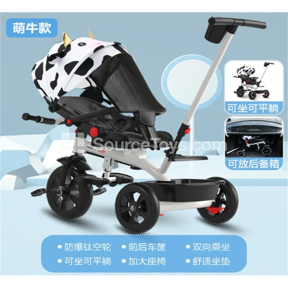 Tricycle Stroller with Canopy, Push Handle and Fence, White Body + Cow Print Canopy + Sunshade Tricycle Stroller with Canopy, Push Handle and Fence, White Body + Cow Print Canopy + Sunshade