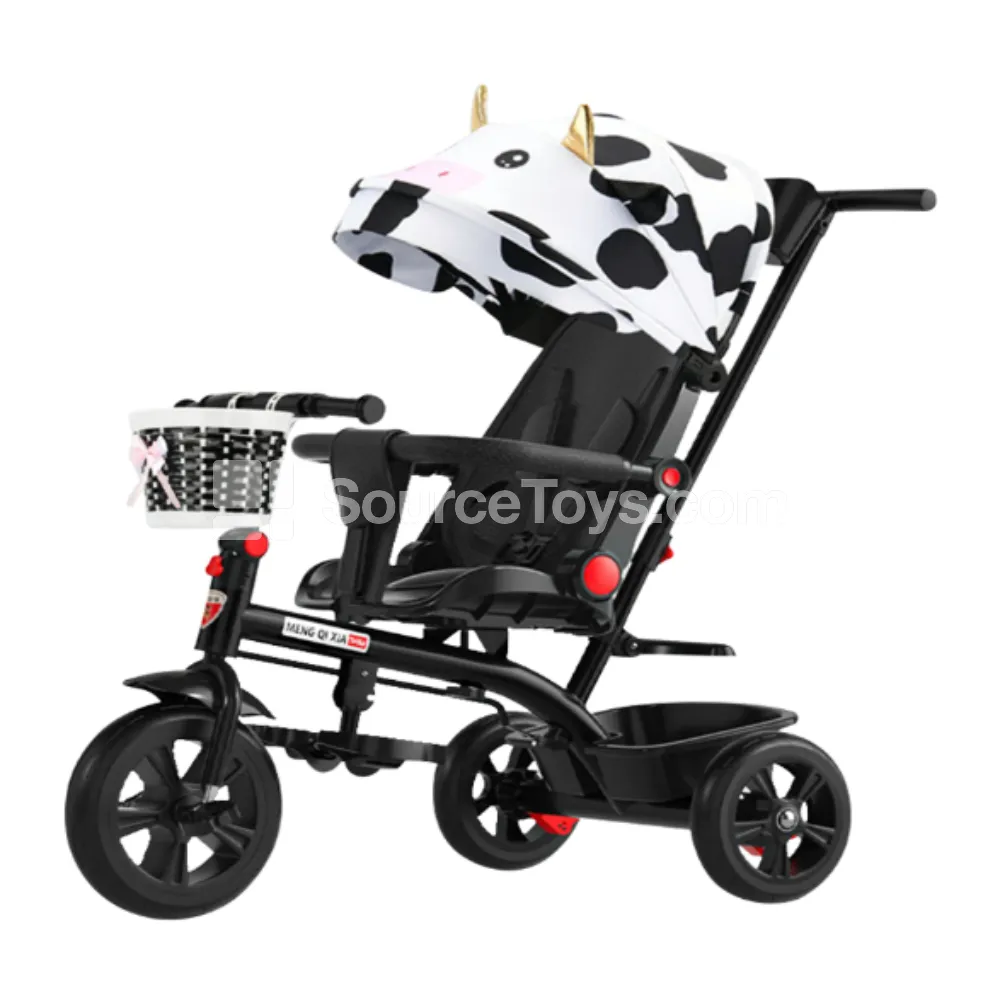 Children's Tricycle with Canopy and Push Handle, Black Frame + Cartoon Cow Canopy
