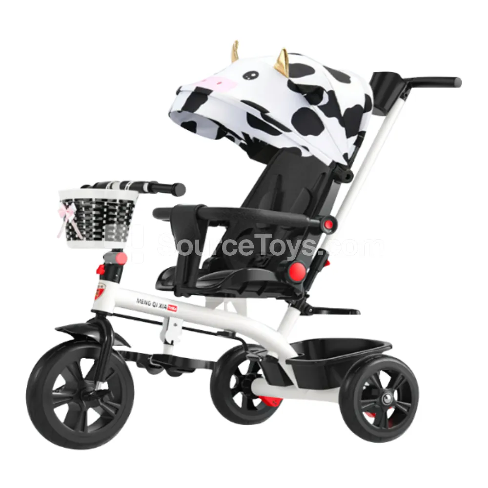 White Frame Kids Tricycle with Cart Cover and Push Handle