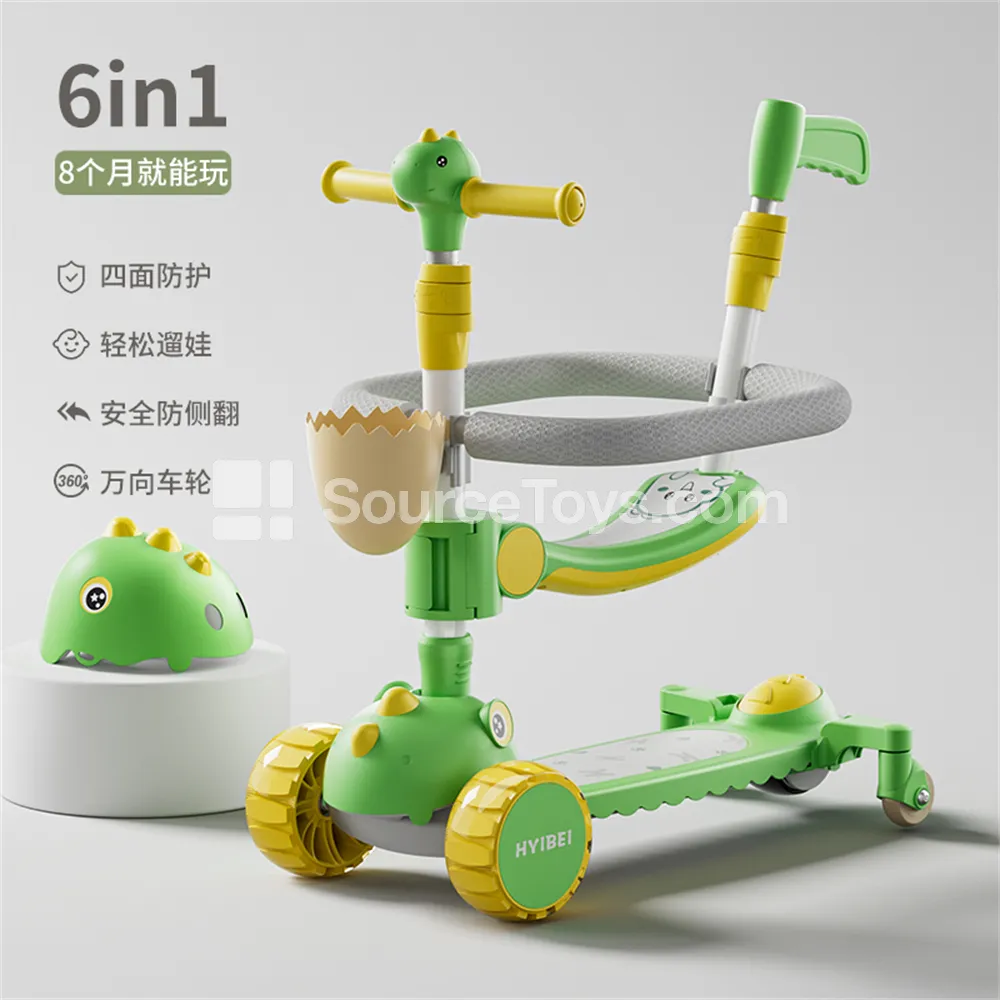 Cartoon Dinosaur Egg Basket Scooter with Fence, Push Handle, and Seat (Light Green, Beige, Pink)