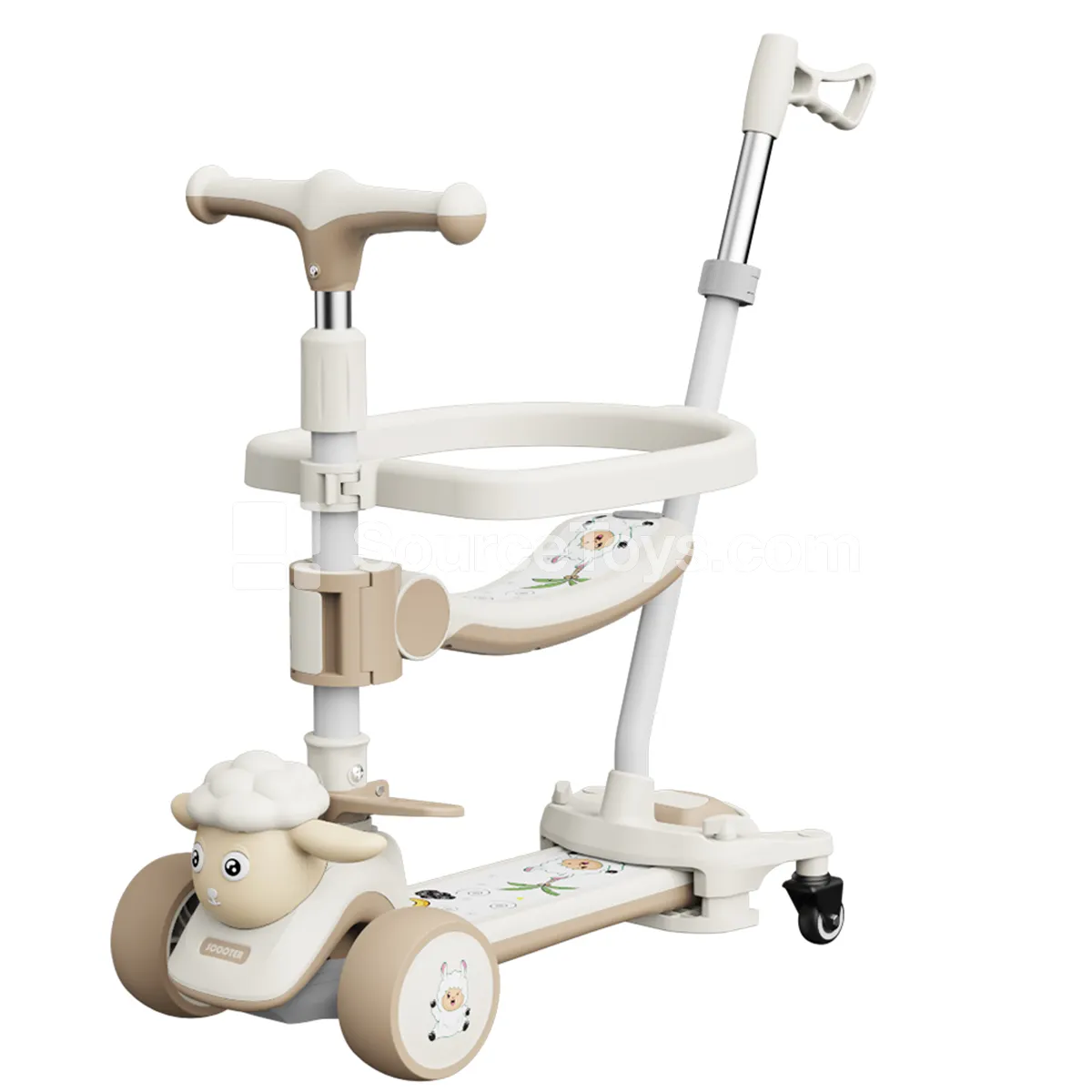 Cartoon Sheep Scooter with Fence, Push Handle and Seat (Pink, Khaki, Green, Black)