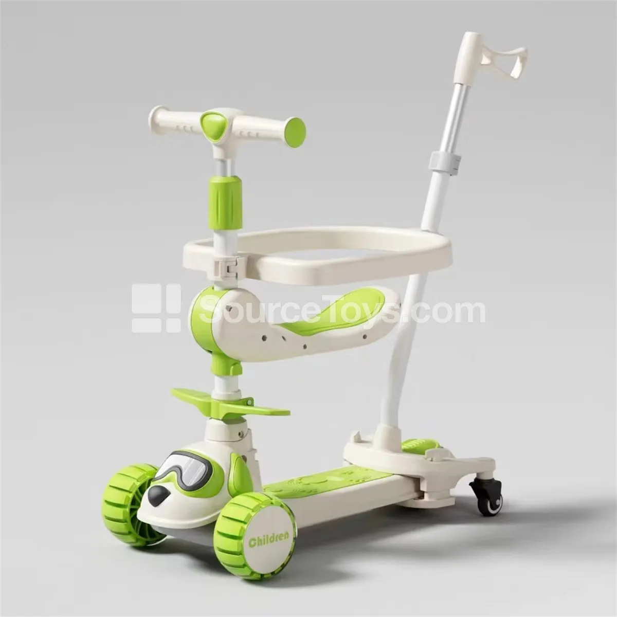 Cartoon Scooter with Fence, Push Handle, Seat, and Sunglasses for Dog (Pink, Yellow, Black, Green)