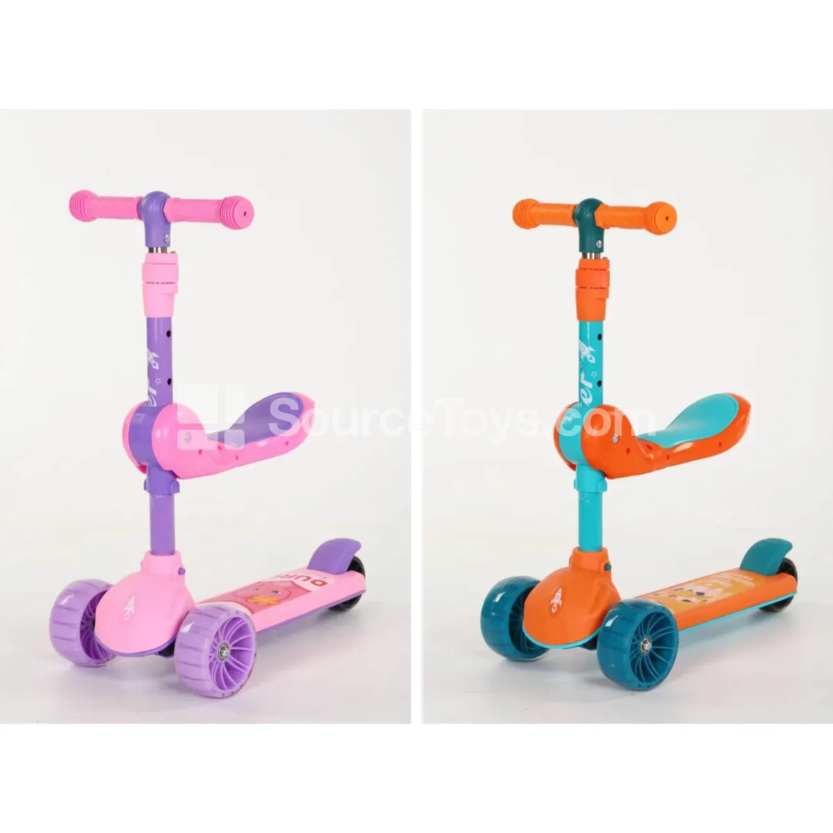 Scooter with Wide Wheels and Seat, Blue/Pink/Dark Green/Orange