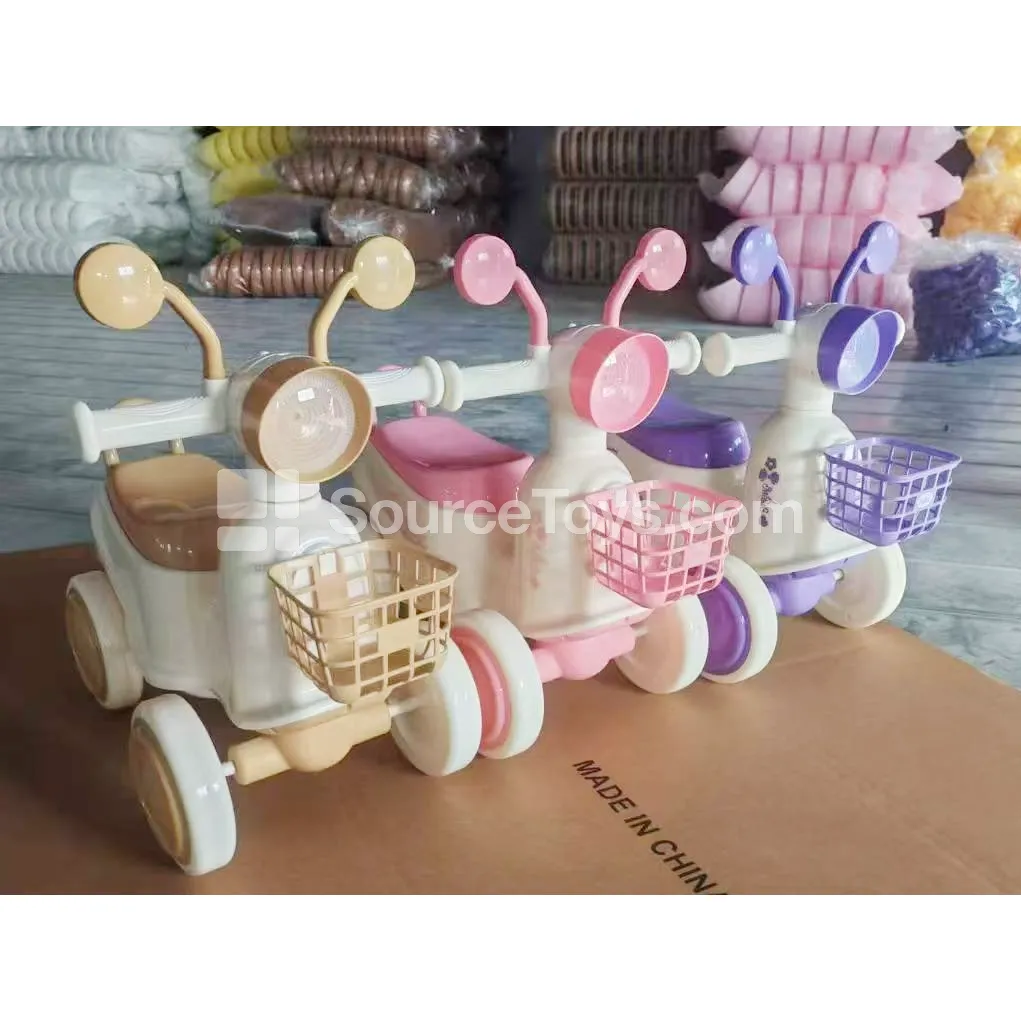 4-Wheel Motorcycle Ride-On with Basket (Purple, Green, Pink, White)