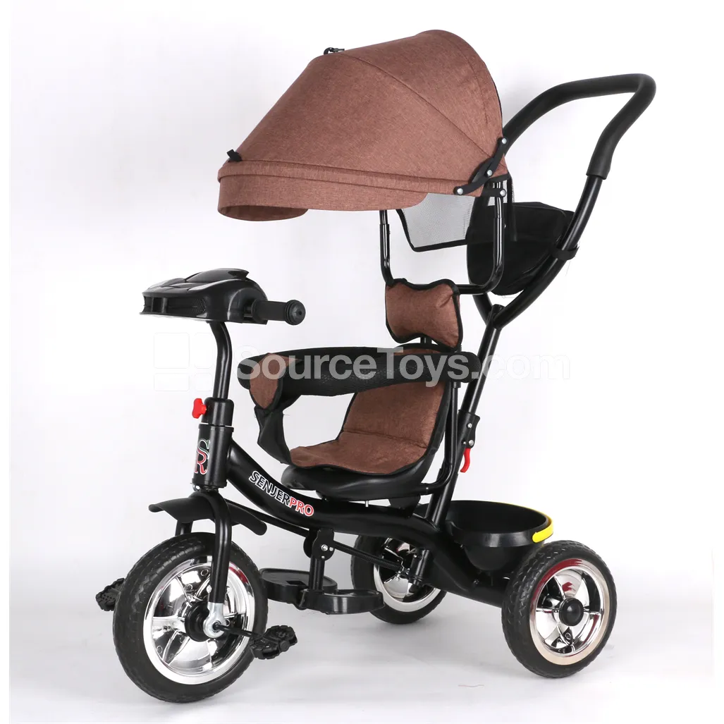 Ride-On Tricycle with Push Handle and Canopy (Gray, Brown, Blue) Ride-On Tricycle with Push Handle and Canopy (Gray, Brown, Blue)